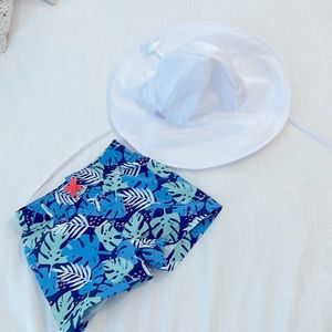 Ruffle Butts trunks and baby swim sun hat